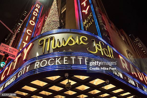 The exterior view of Radio City Music Hall during opening night of the 2016 Radio City Christmas Spectacular on November 15, 2016 in New York City.