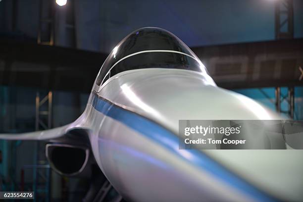 The XB-1 aircraft sits in the hanger during the Demonstrator official unveiling at Boom Technologies on November 15, 2016 in Englewood, Colorado.