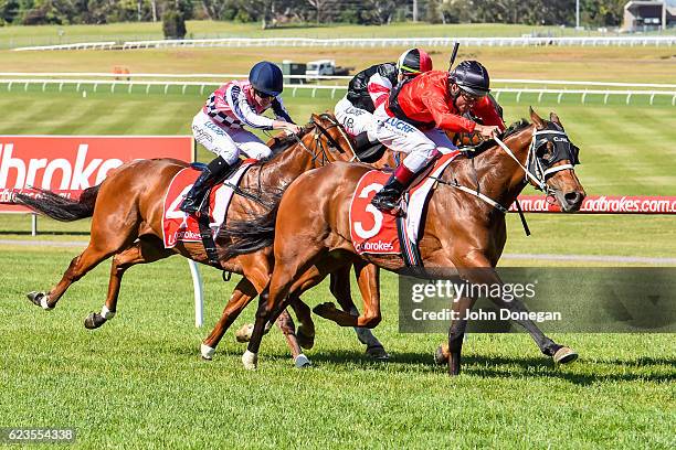 Encosta Line ridden by Damien Oliver wins the Le Pine Funerals Handicap at Ladbrokes Park Hillside Racecourse on November 16, 2016 in Springvale,...