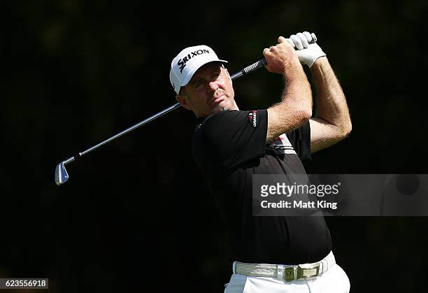Rod Pampling of Australia plays his fairway shot on the 7th hole during the pro-am ahead of the Australian Golf Open at Royal Sydney Golf Club on...