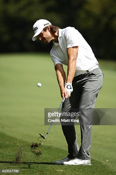 Aaron Baddeley of Australia plays his fairway shot on the 7th hole during the pro-am ahead of the Australian Golf Open at Royal Sydney Golf Club on...
