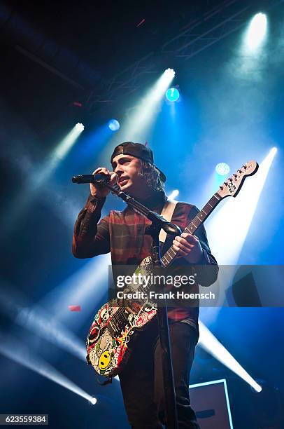 Singer Vic Fuentes of the american band Pierce the Veil performs live during a concert at the Huxleys on November 11, 2016 in Berlin, Germany.