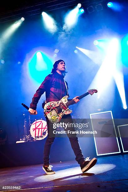 Singer Vic Fuentes of the american band Pierce the Veil performs live during a concert at the Huxleys on November 11, 2016 in Berlin, Germany.