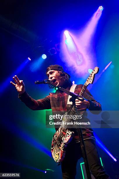 Singer Vic Fuentes of the american band Pierce the Veil performs live during a concert at the Huxleys on November 11, 2016 in Berlin, Germany.