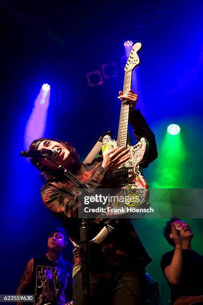 Singer Vic Fuentes of the american band Pierce the Veil performs live during a concert at the Huxleys on November 11, 2016 in Berlin, Germany.