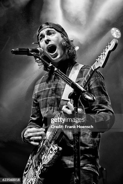 Singer Vic Fuentes of the american band Pierce the Veil performs live during a concert at the Huxleys on November 11, 2016 in Berlin, Germany.