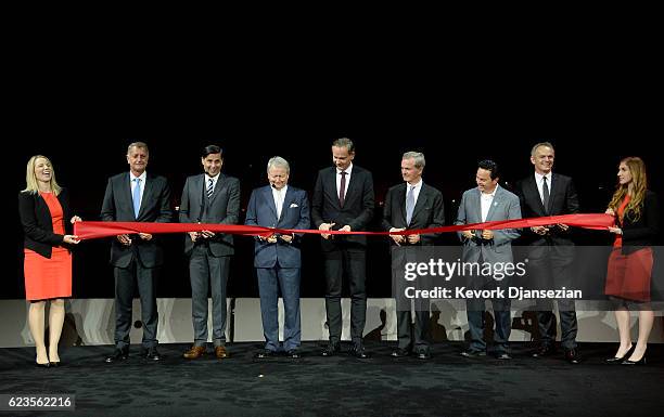 From left to right, Detlev von Platen, Klaus Zellmer, Dr. Wolfgang Porsche, Oliver Blume, Hans Michel Piech, City of Carson mayor Albert Robles and...