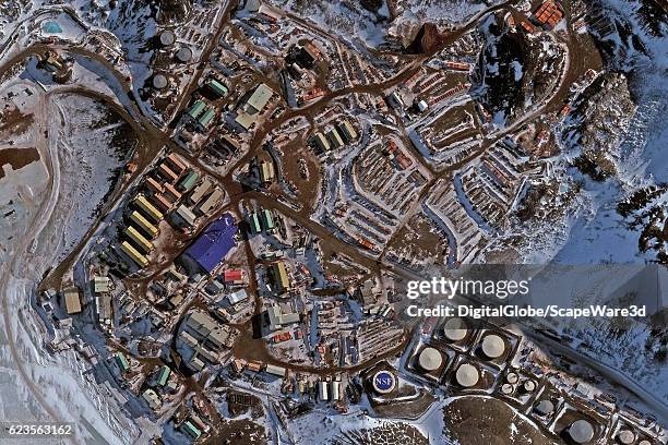 DigitalGlobe via Getty Images closeup imagery of McMurdo Station in Antarctica. The McMurdo Station is a United States Antarctic Research Center on...