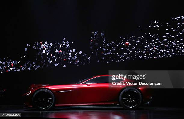 The Mazda RX-Vision concept car is seen during the Mazda design event on November 15, 2016 in Los Angeles, California. Mazda Motor Corporation today...