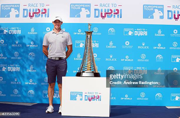 Rory McIlroy of Northern Ireland stands in front of the new Race to Dubai brand, featuring the official Dubai logo. Revealed at Jumeirah Golf Estates...