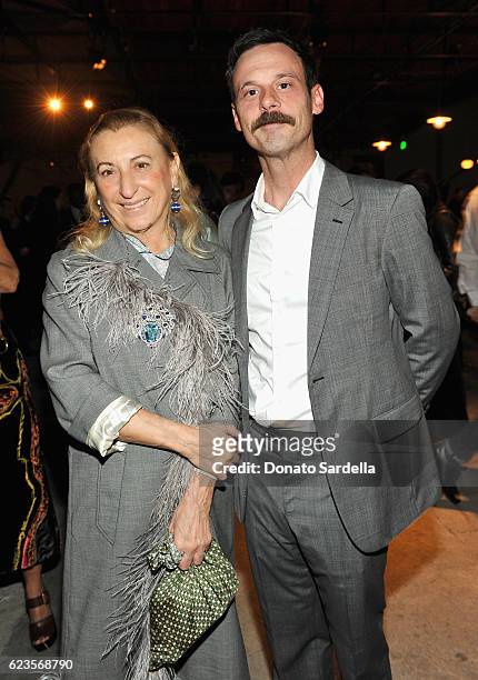 Miuccia Prada and Actor Scoot McNairy attend the premiere of 'Past Forward', a movie by David O. Russell presented by Prada on November 15, 2016 at...