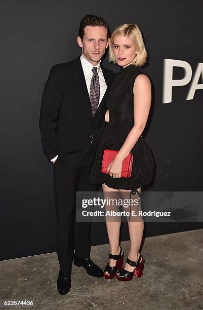 Actora Jamie Bell and Kate Mara attend Prada Presents 'Past Forward' by David O. Russell premiere at Hauser Wirth & Schimmel on November 15, 2016 in...