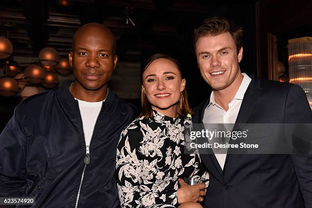 Actors Leonard Roberts, Briana Evigan, and Blake Cooper Griffin attend the premiere party for "Love Is All You Need?" at The Spare Room on November...