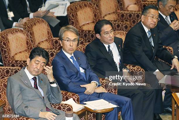 Prime Minister Shinzo Abe, TPP minister Nobuteru Ishihara, Foreign Minister Fumio Kishida and farm minister Yuji Yamamoto attend an upper house...