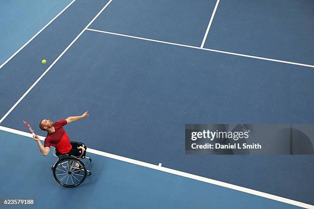 Maikel Scheffers of Nederlands serves during his Round 2 men's singles match against Nico Langmann of Austria during the Bath Indoors Wheelchair...