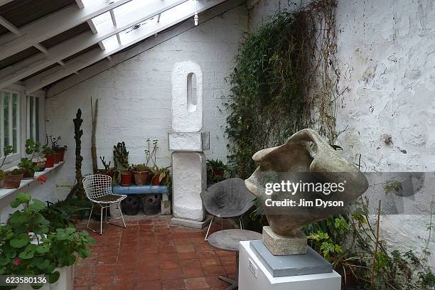 View of the garden formerly owned by sculptor Barbara Hepworth at her home, now a museum, on February 4, 2012 in St Ives, Cornwall. Hepworth lived...