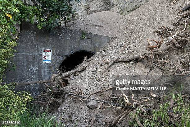 Buried Main North Railway tunnel from the November 14 earthquake is seen south of Kaikoura on November 16, 2016. Rescue efforts after a devastating...