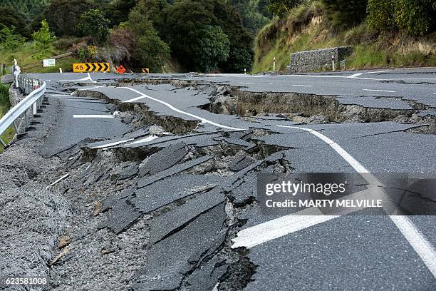 Earthquake damage to State Highway 1 is seen south of Kaikoura on November 16, 2016. Rescue efforts after a devastating earthquake in New Zealand...