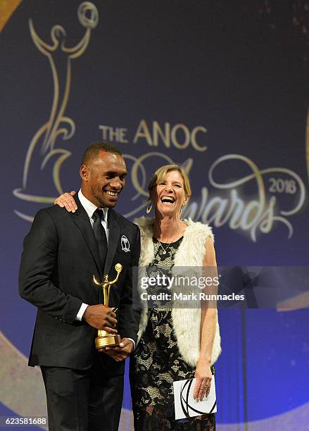 Osea Kolinisau poses with award presenter Barbara Kendall, Chair of ANOC AthletesÕ Commission after accepting the award for Best Male Team of Rio...