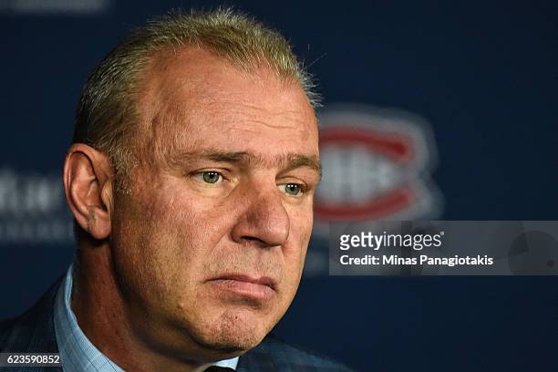 Head coach of the Montreal Canadiens Michel Therrien addresses the media after the NHL game against the Detroit Red Wings at the Bell Centre on...