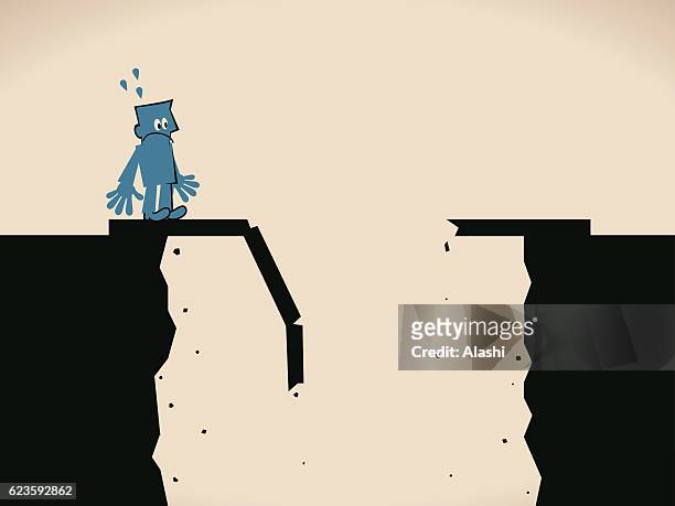 scared businessman standing on the edge of a broken bridge - fragments stock illustrations