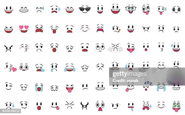 satz von 72 verschiedenen stücken von emotionen - emoticon stock-grafiken, -clipart, -cartoons und -symbole