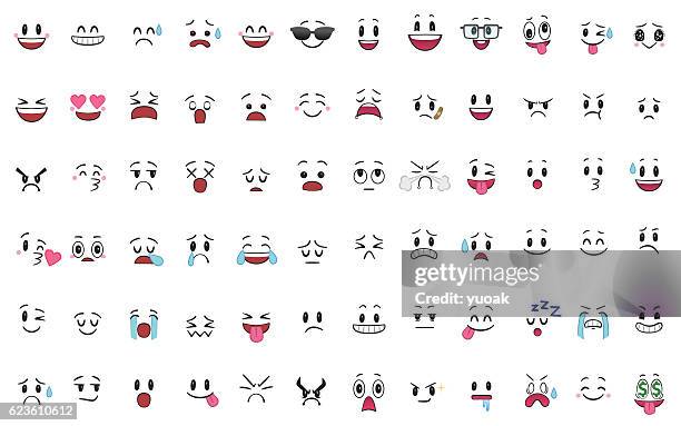 ilustraciones, imágenes clip art, dibujos animados e iconos de stock de conjunto de 72 piezas diferentes de emociones - personalities faces