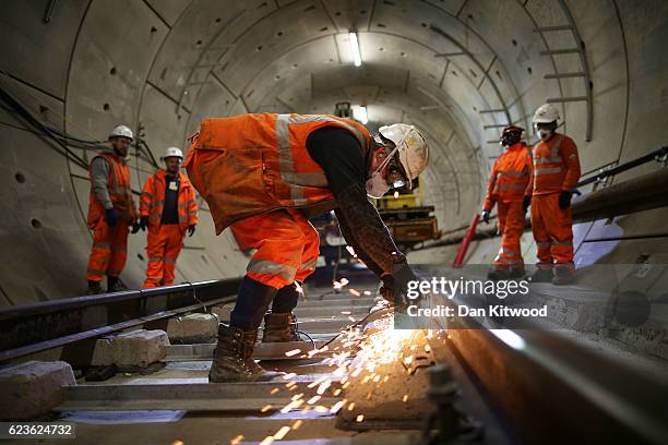 Construction workers continue to build the Crossrail underground line in the Stepney tunnel on November 16, 2016 in London, England. The Elizabeth...