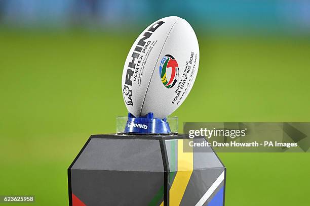 Four Nations rugby ball on a plinth before the match