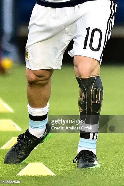Detail of the tattoo of Lionel Messi of Argentina prior a match between Argentina and Colombia as part of FIFA 2018 World Cup Qualifiers at...