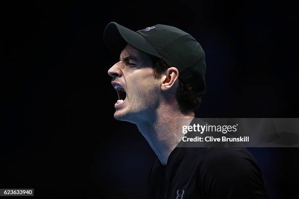 Andy Murray of Great Britain reacts during his mens singles match against Kei Nishikori of Japan on day four of the ATP World Tour Finals at O2 Arena...