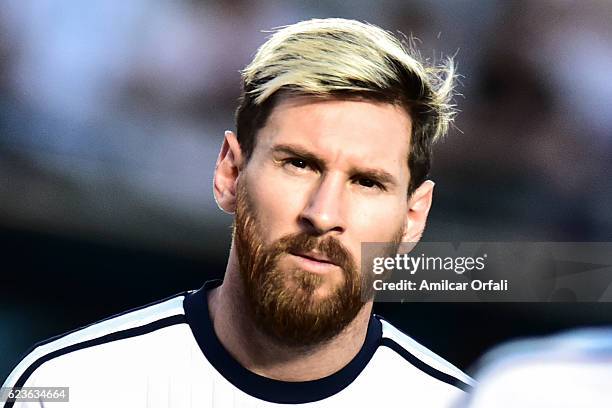 Lionel Messi of Argentina looks on prior a match between Argentina and Colombia as part of FIFA 2018 World Cup Qualifiers at Bicentenario de San Juan...