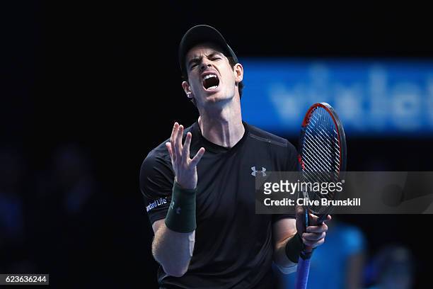 Andy Murray of Great Britain reacts during his mens singles match against Kei Nishikori of Japan on day four of the ATP World Tour Finals at O2 Arena...
