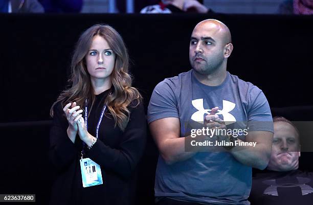 The wife of Andy Murray, Kim Sears and his physio Shane Annun watch on as Andy Murray of Great Britain faces Kei Nishikori of Japan mens singles...