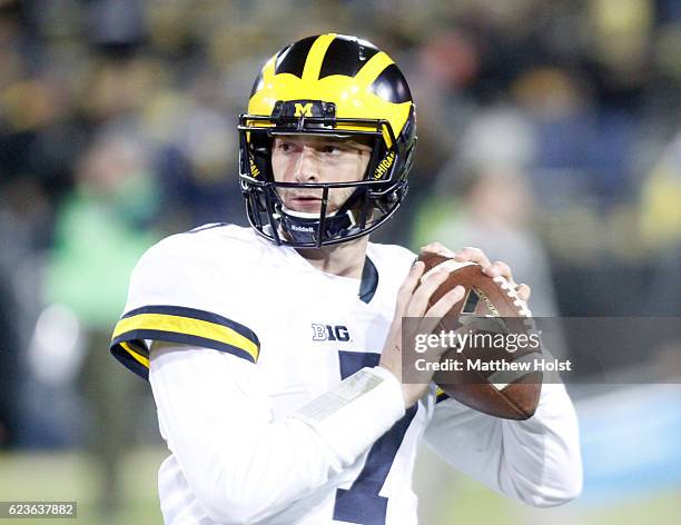 Quarterback Shane Morris of the Michigan Wolverines before the match-up against the Iowa Hawkeyes on November 12, 2016 at Kinnick Stadium in Iowa...