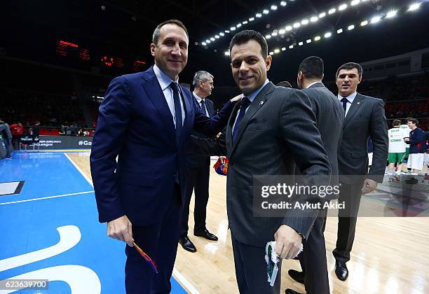 David Blatt, Head Coach of Darussafaka Dogus Istanbul and Dimitris Itoudis, Head Coach of CSKA Moscow are pictured prior to the 2016/2017 Turkish...