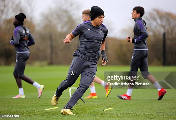 Jefferson Montero warms up during the Swansea City Training at The Fairwood Training Ground on November 16, 2016 in Swansea, Wales.