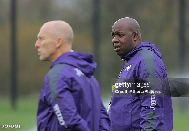 Assistant manager Paul Williams and manager Bob Bradley during the Swansea City Training at The Fairwood Training Ground on November 16, 2016 in...