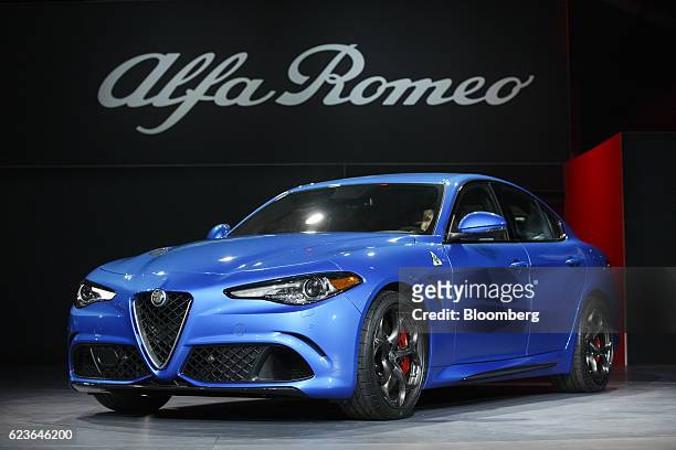 The Alfa Romeo Giulia vehicle is unveiled during Automobility LA ahead of the Los Angeles Auto Show in Los Angeles, California, U.S., on Wednesday,...
