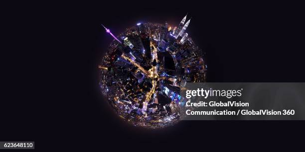 360° night view above kuala lumpur, malaysia - menara kuala lumpur tower stockfoto's en -beelden