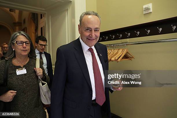 Sen. Charles Schumer leaves after the weekly Senate Democratic policy luncheon at the Capitol November 16, 2016 in Washington, DC. Sen. Schumer was...