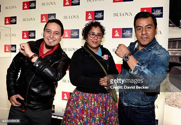 Recording artists Alex Bendana, Marisol Hernandez and Jose Carlos of La Santa Cecilia attend the gift lounge during the 17th annual Latin Grammy...