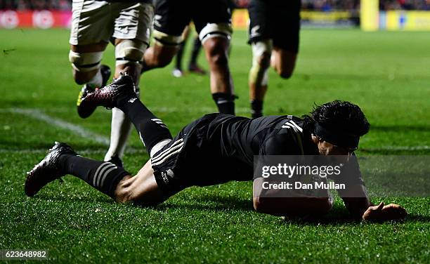 Shane Christie of the Maori All Blacks dives over for a try during the tour match between Harlequins and the Maori All Blacks at Twickenham Stoop on...