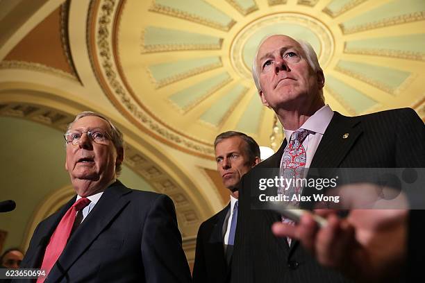 Sen. John Thune , Senate Majority Leader Sen. Mitch McConnell and Senate Majority Whip Sen. John Cornyn speak to members of the media during a news...