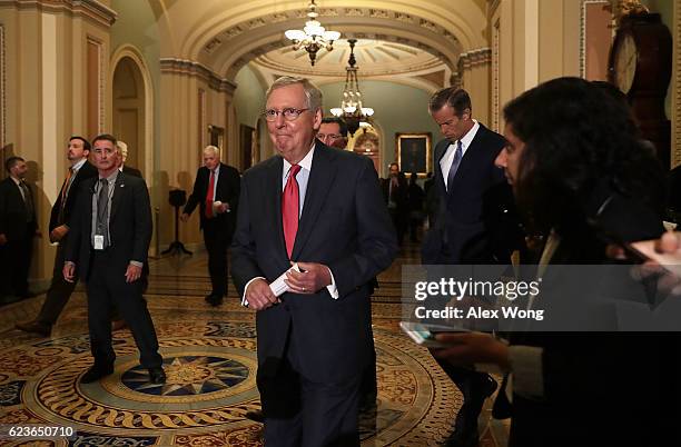 Senate Majority Leader Sen. Mitch McConnell approaches the podium to speak to members of the media after the weekly Senate GOP policy luncheon at the...