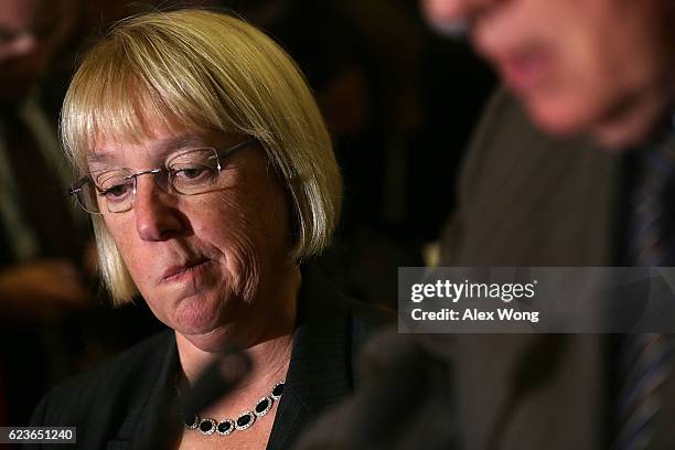 Sen. Patty Murray listens during a news briefing after the weekly Senate Democratic policy luncheon at the Capitol November 16, 2016 in Washington,...