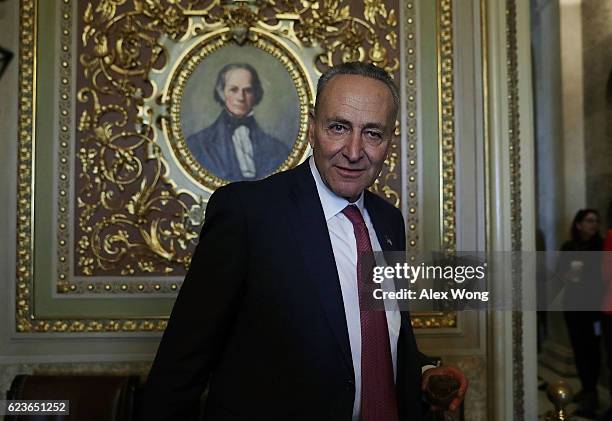 Sen. Charles Schumer leaves after the weekly Senate Democratic policy luncheon at the Capitol November 16, 2016 in Washington, DC. Sen. Schumer was...