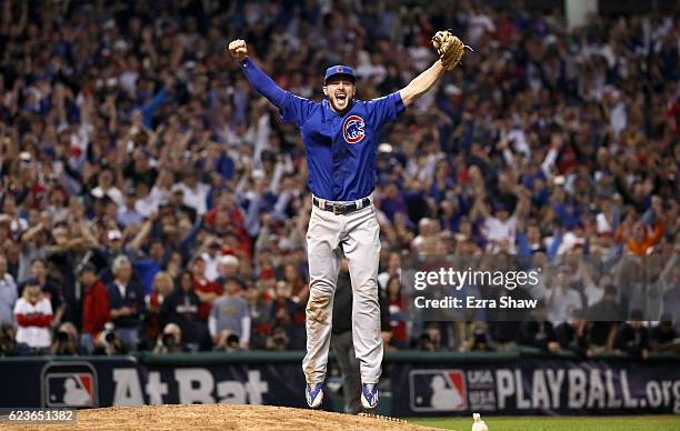 Kris Bryant of the Chicago Cubs celebrates after winning 8-7 in Game Seven of the 2016 World Series at Progressive Field on November 2, 2016 in...