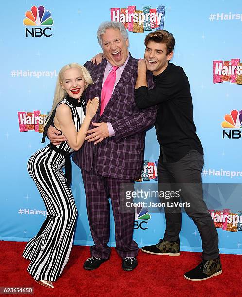 Dove Cameron, Harvey Fierstein and Garrett Clayton attend the press junket for NBC's "Hairspray Live!" at NBC Universal Lot on November 16, 2016 in...