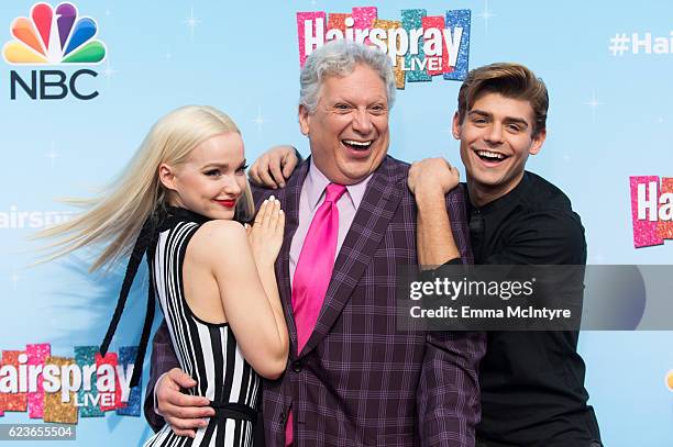 Actors Dove Cameron, Harvey Fierstein and Garrett Clayton attend the press junket for NBC's 'Hairspray Live!' at NBC Universal Lot on November 16,...